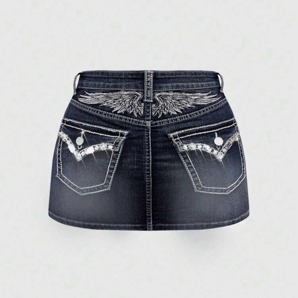 Embroidered Dark Wash Denim Mini Skirt - Wing Detail Plus Size 2XL